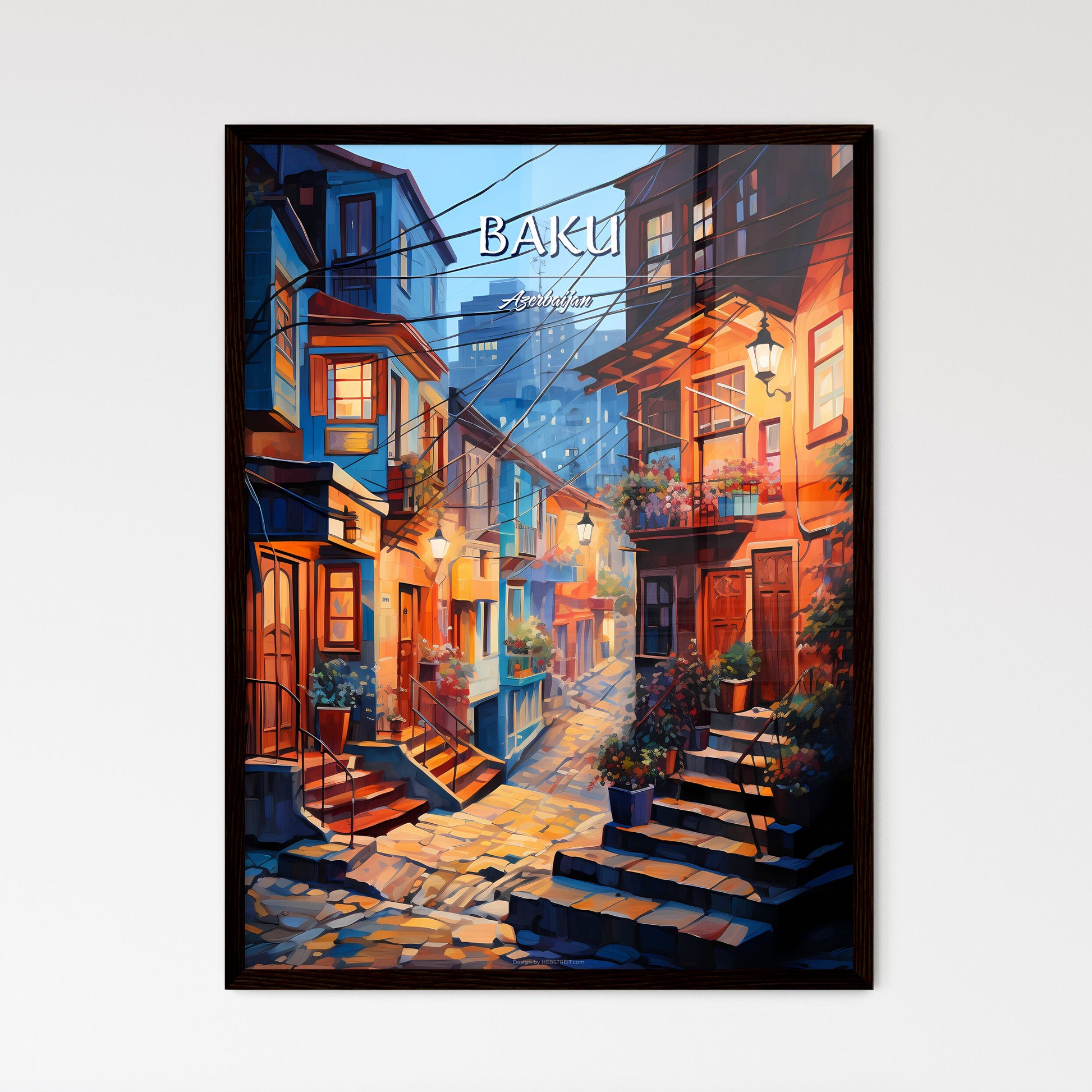 Baku, Azerbaijan - Art print of a street with stairs and stairs leading to a building Framed Art