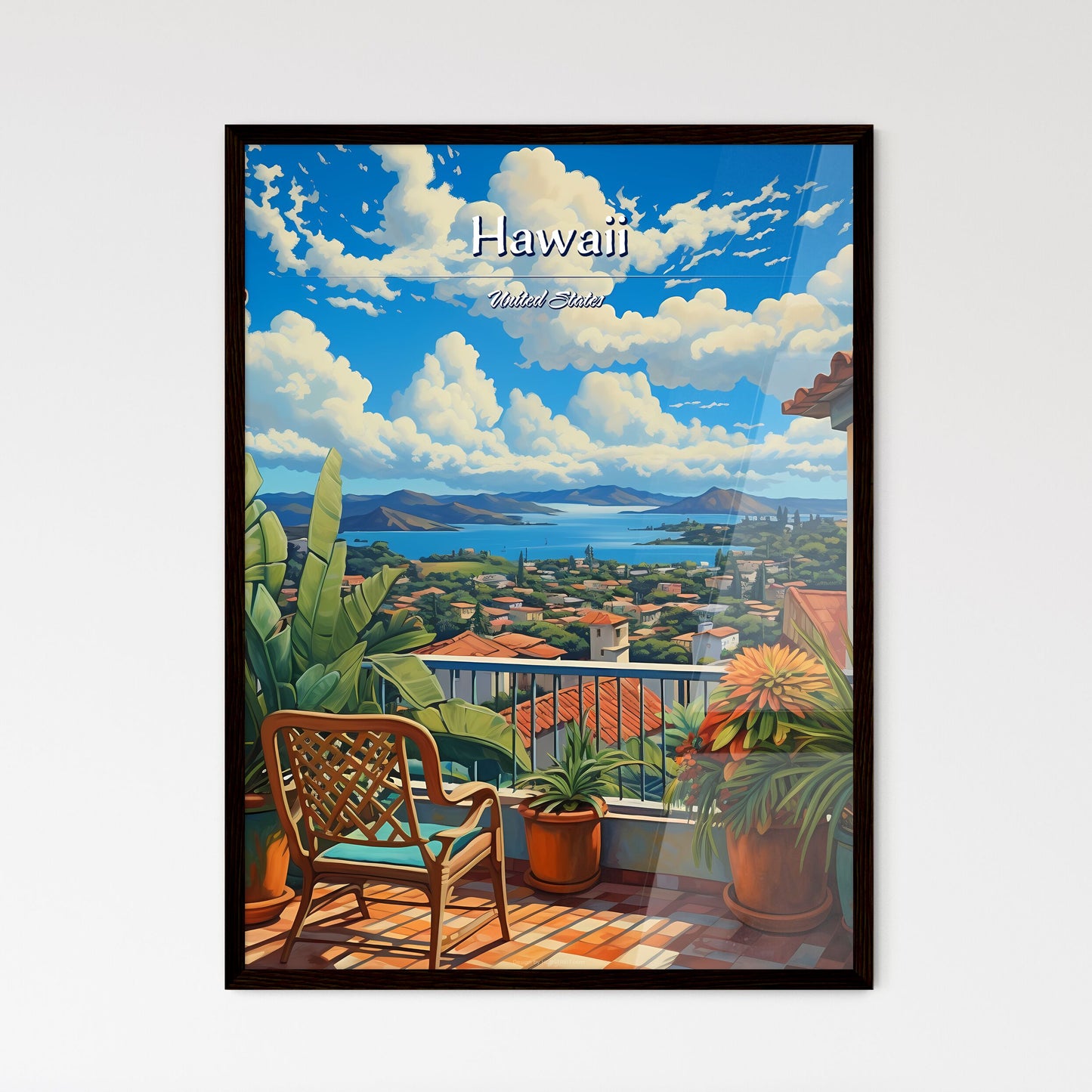 On the roofs of Hawaii, United States - Art print of a balcony with a view of a city and water Framed Art