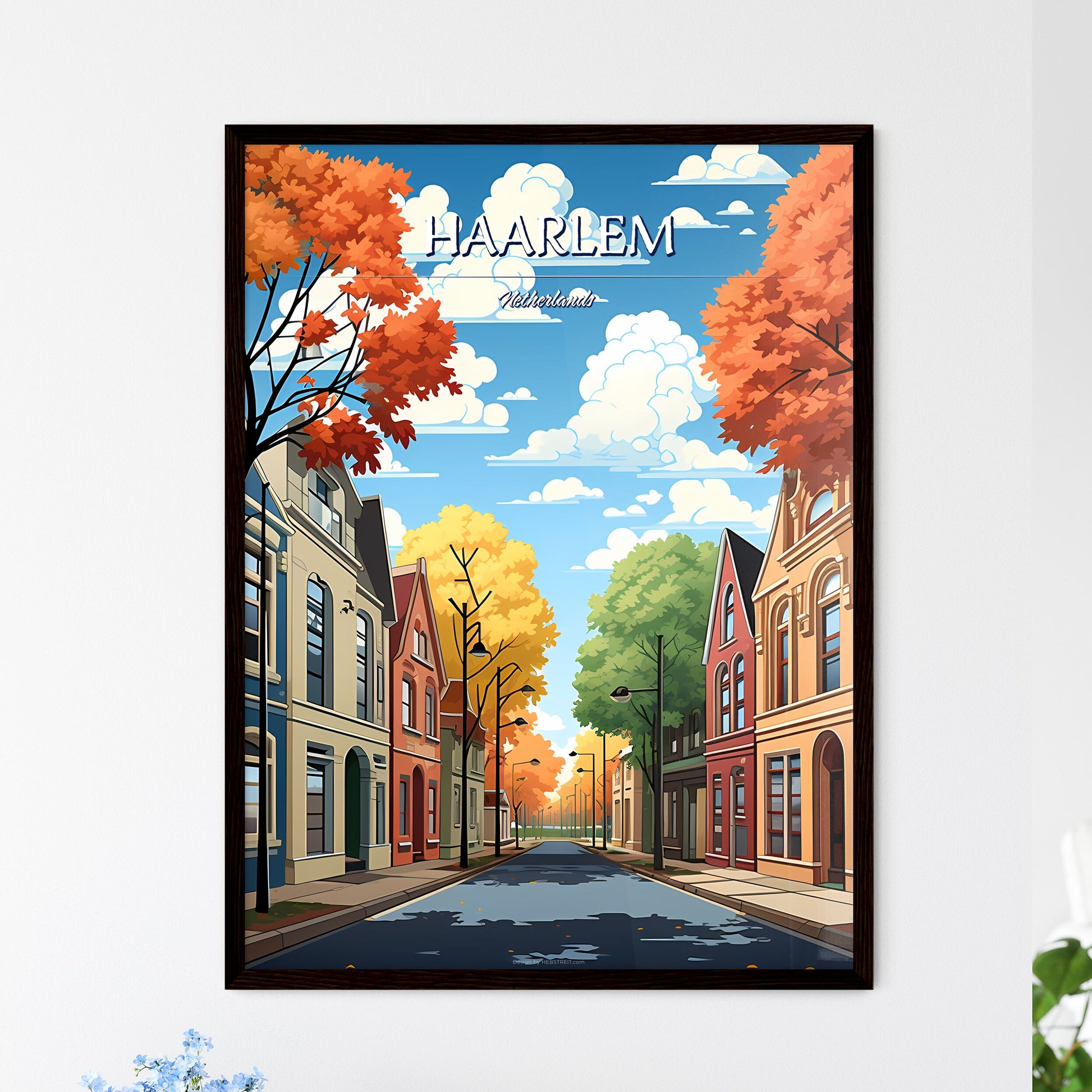 Haarlem, Netherlands - Art print of a street with colorful buildings and trees Framed Art