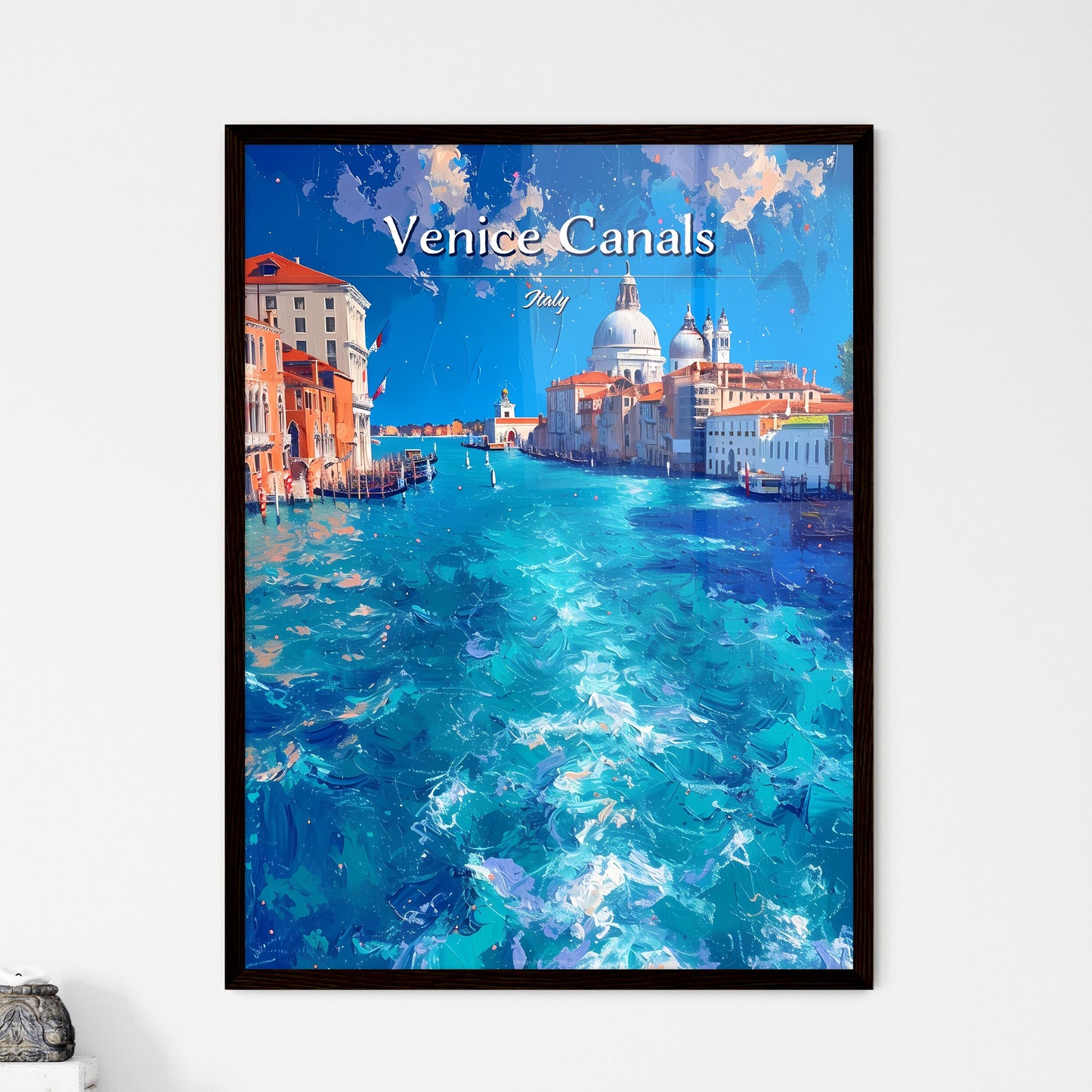 Venice Canals, Italy - Art print of a water way with buildings and a dome Framed Art