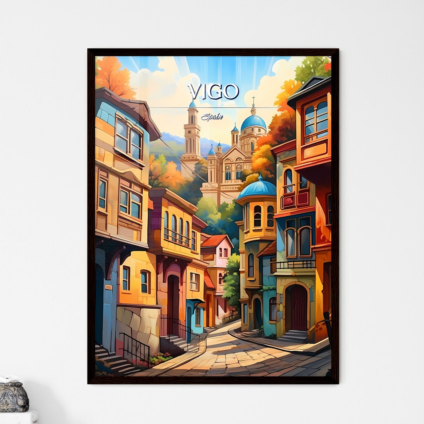 Vigo, Spain - Art print of a colorful city with a steeple and a church Framed Art