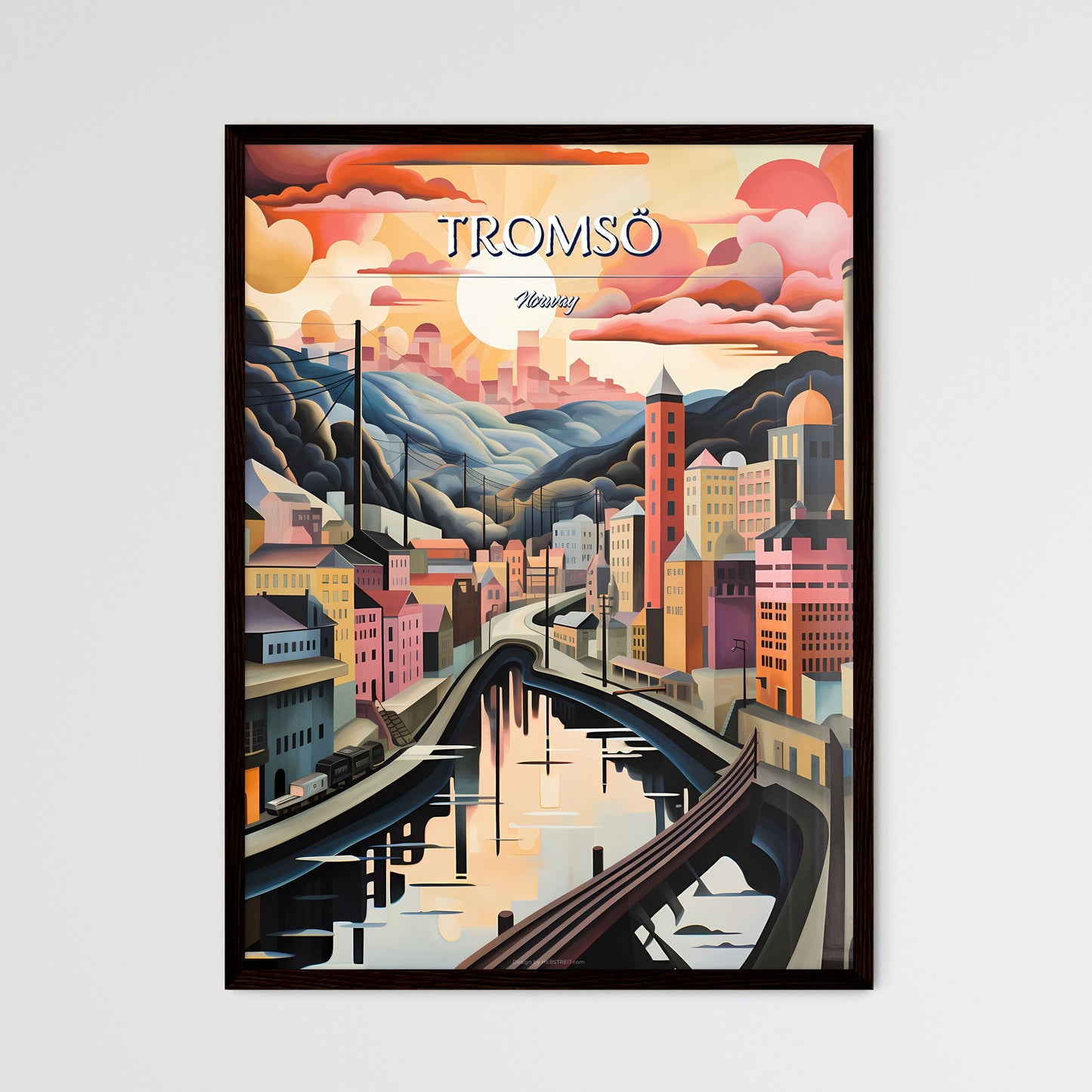 Tromsö, Norway - Art print of a painting of a city with a river and mountains Framed Art