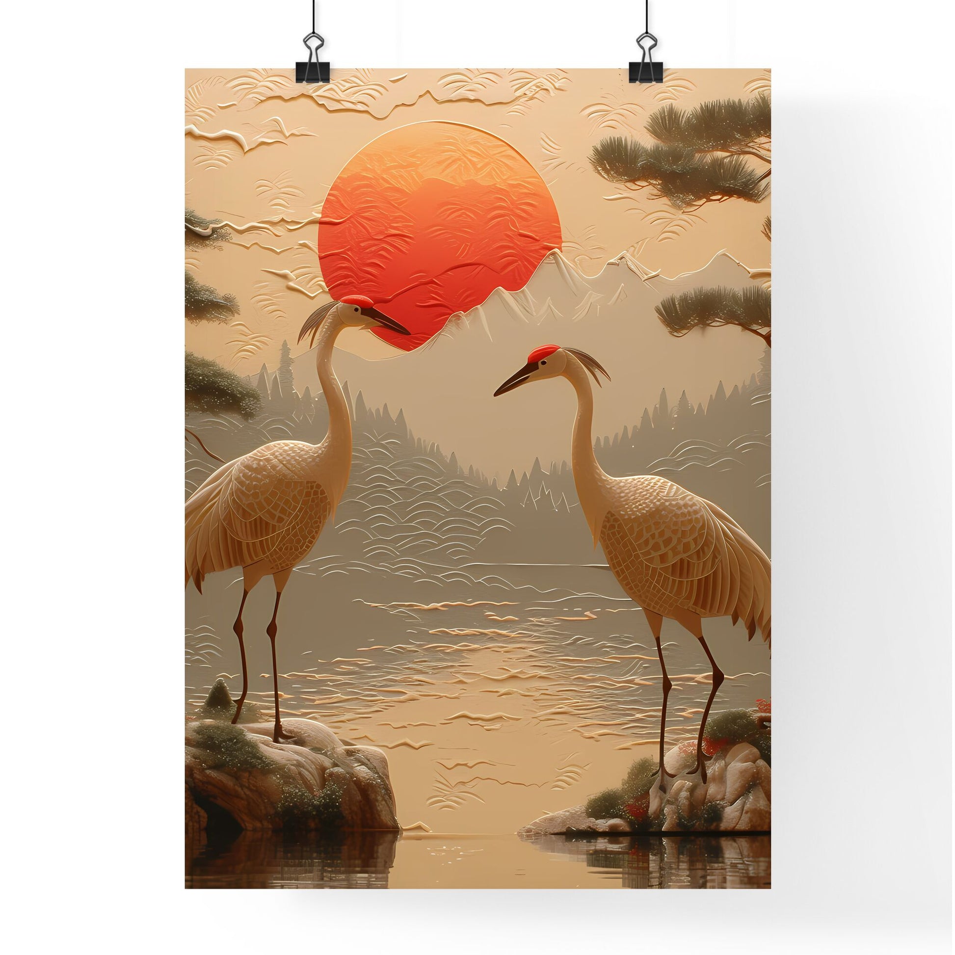 Zhuque paper-cut, new Chinese style, Chinese wind, pattern pattern - Art print of a painting of two cranes on rocks by water Default Title