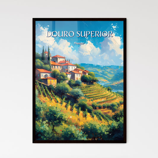 Douro Superior, Portugal - Art print of a painting of a village on a hill with trees and a lake Default Title