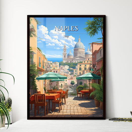 Naples, Italy - Art print of a street with tables and umbrellas in front of a building Framed Art