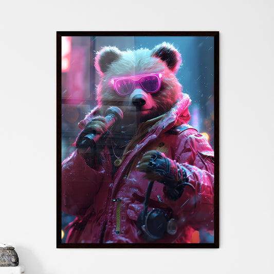 A clever, cool teddy bear - Art print of a bear wearing pink sunglasses and a pink jacket holding a microphone Default Title