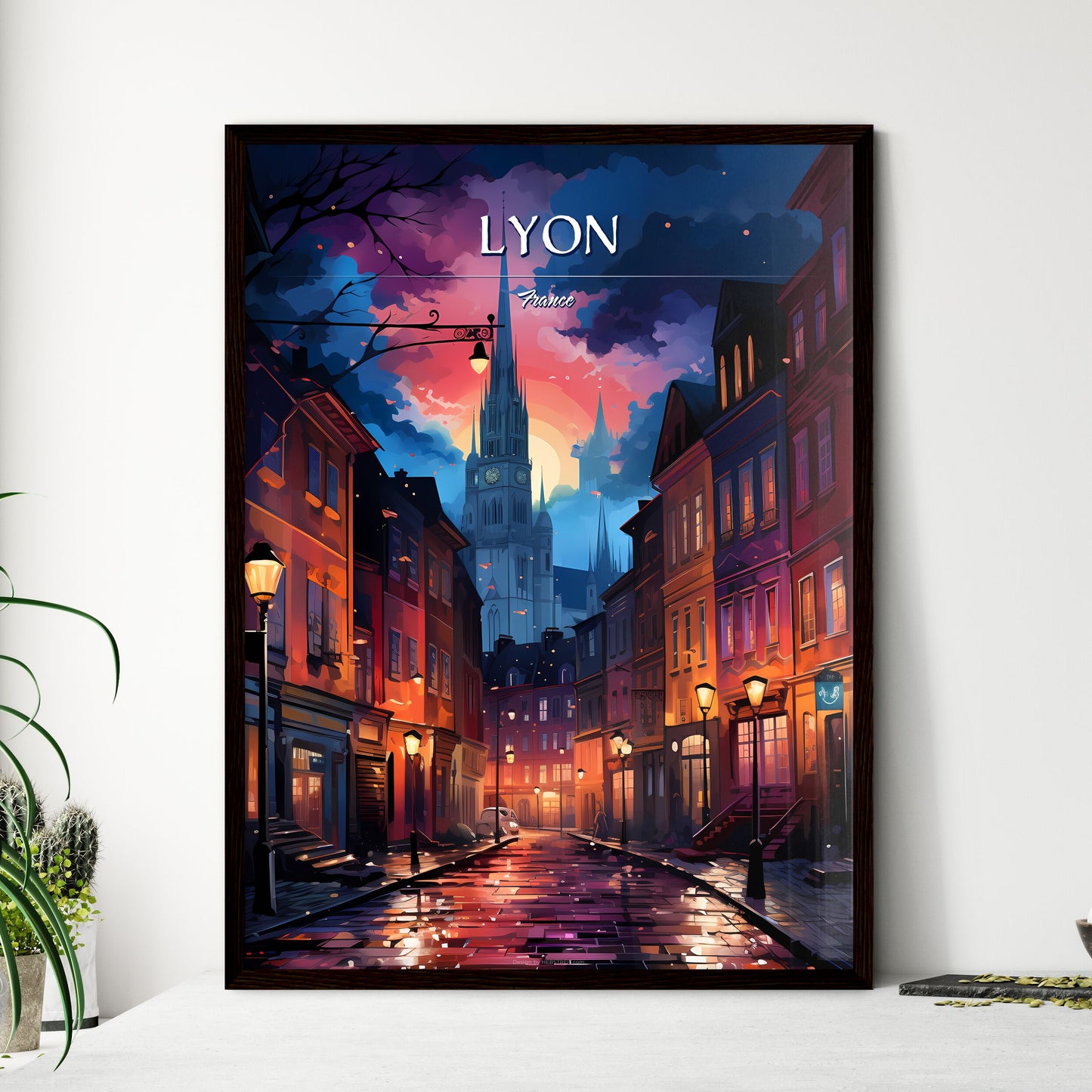 Lyon, France - Art print of a street with buildings and a church in the background Framed Art