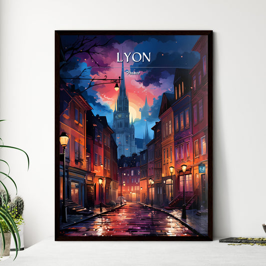 Lyon, France - Art print of a street with buildings and a church in the background Framed Art