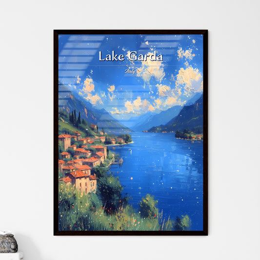 Lake Garda, Italy - Art print of a painting of a town by a lake Framed Art