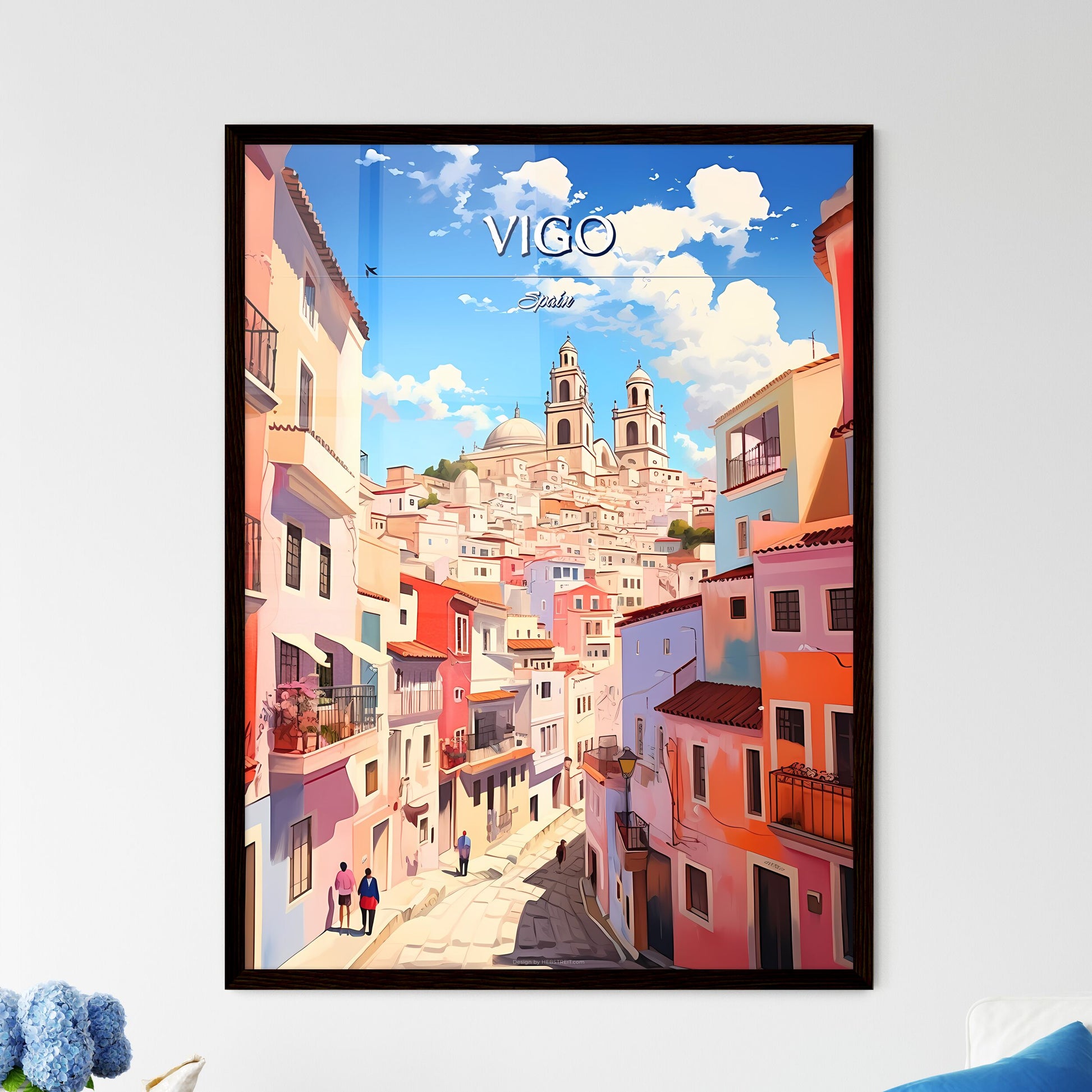 Vigo, Spain - Art print of a colorful city with buildings and a blue sky Framed Art