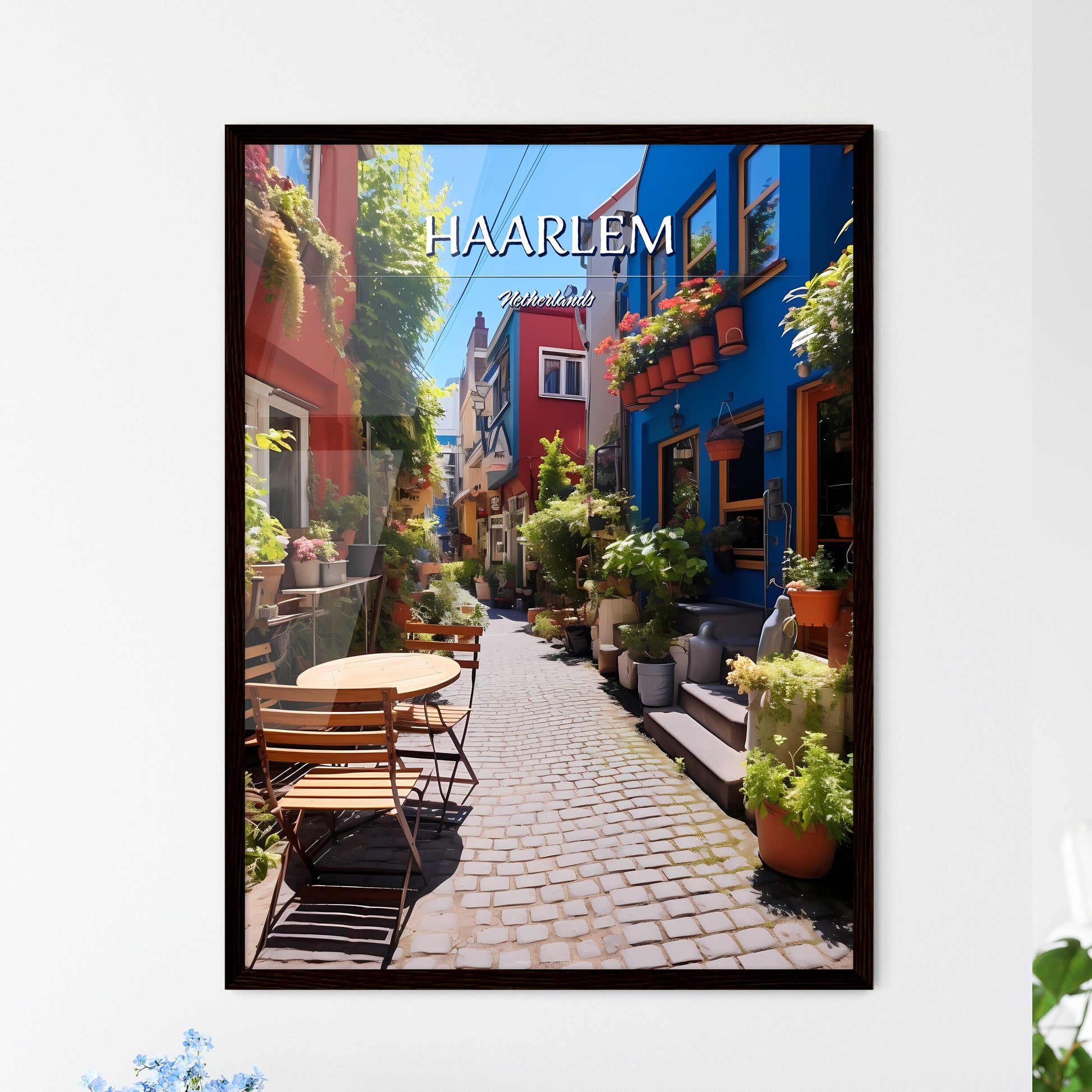 Haarlem, Netherlands - Art print of a narrow alley with tables and chairs and plants Framed Art