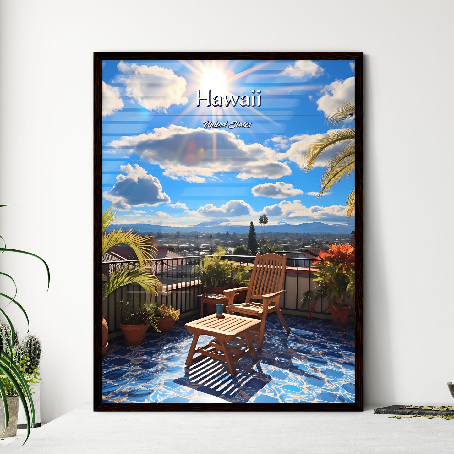 On the roofs of Hawaii, United States - Art print of a deck with chairs and a table on a sunny day Framed Art