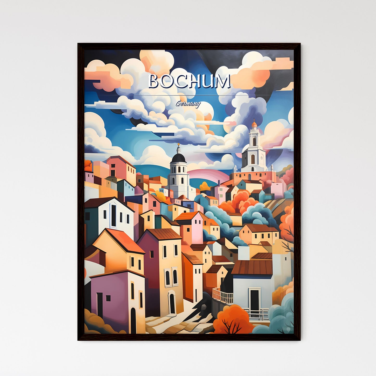 Bochum, Germany - Art print of a painting of a town with colorful buildings and clouds Framed Art