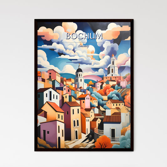 Bochum, Germany - Art print of a painting of a town with colorful buildings and clouds Framed Art