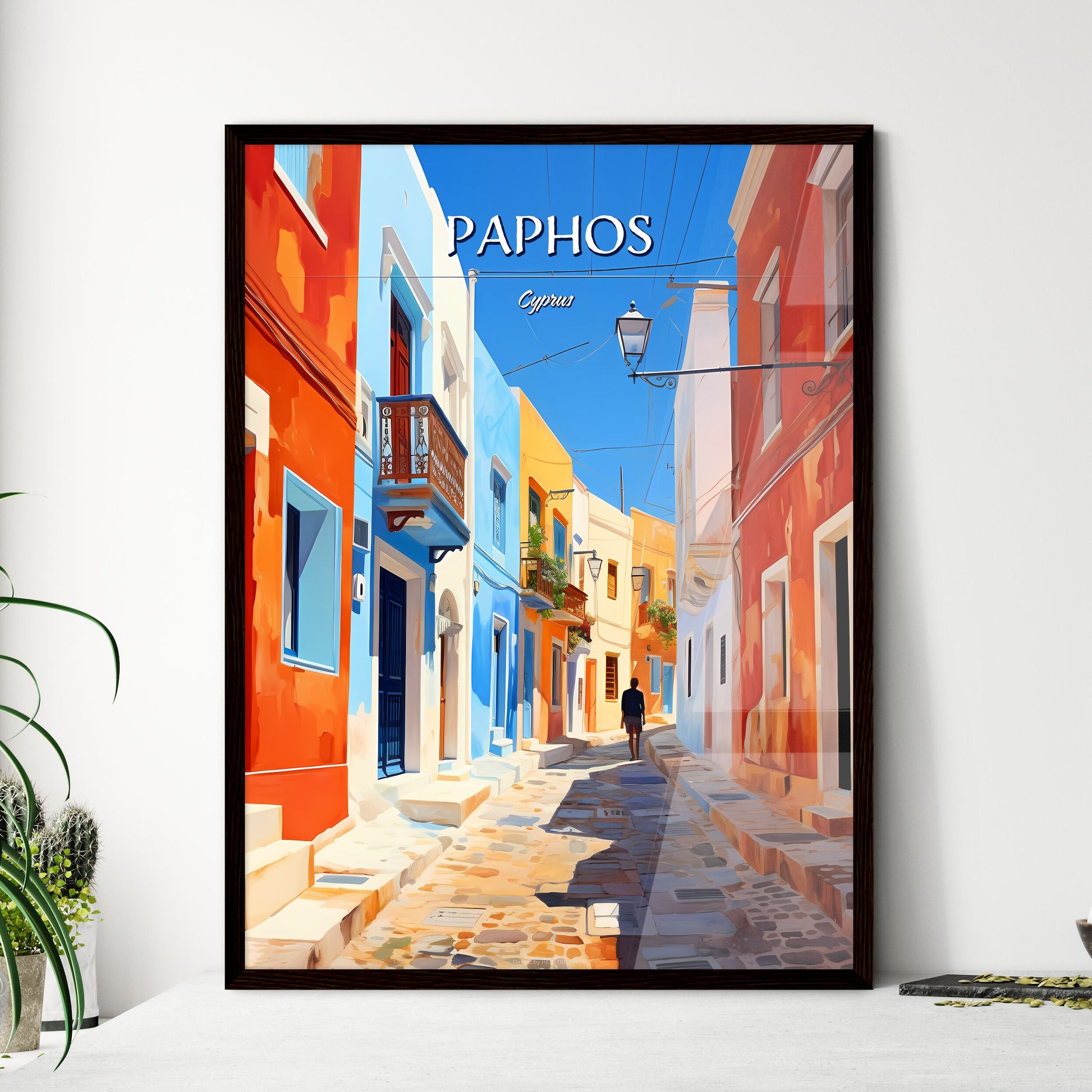 Paphos, Cyprus - Art print of a person walking down a narrow street with colorful buildings Framed Art