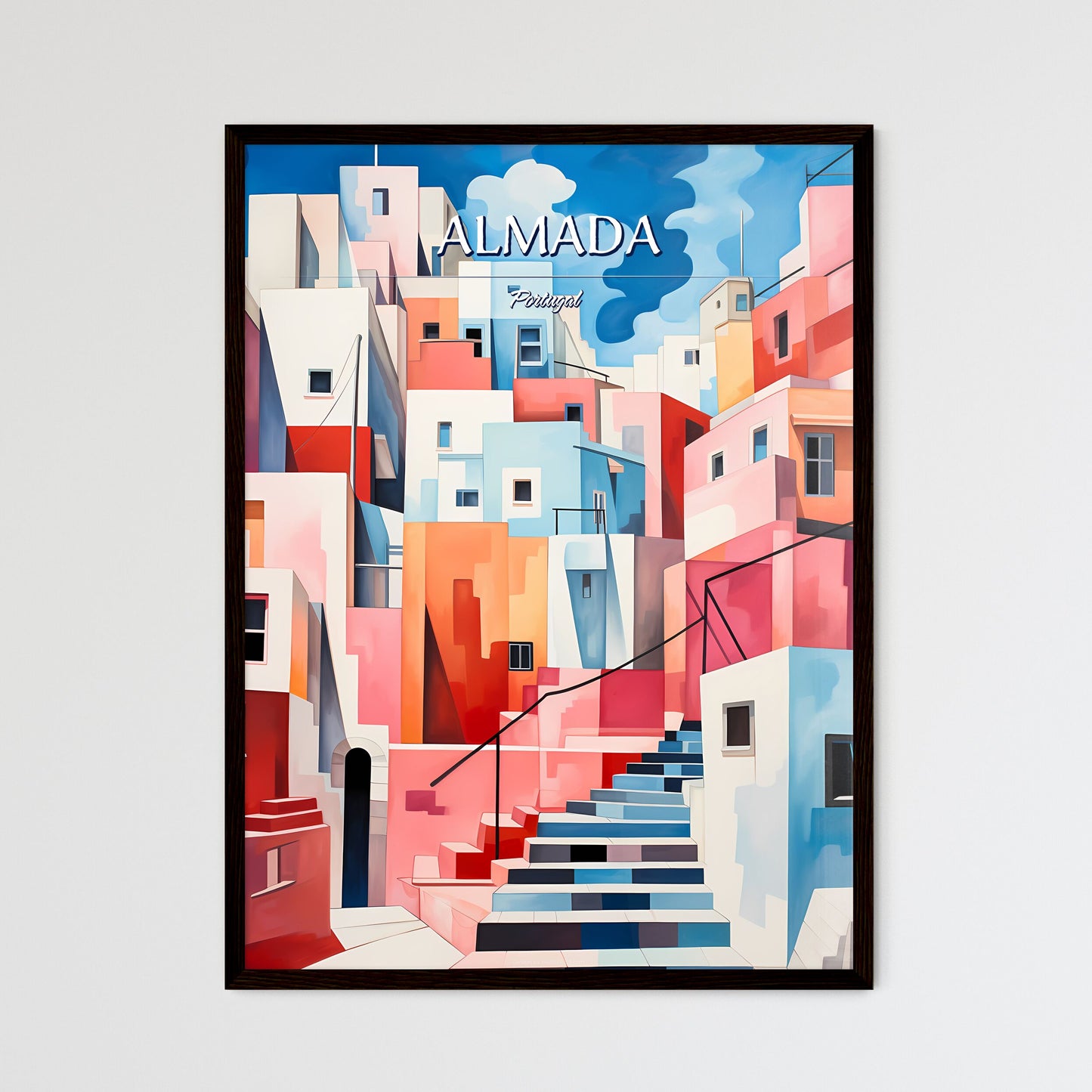 Almada, Portugal - Art print of a painting of a colorful city Framed Art