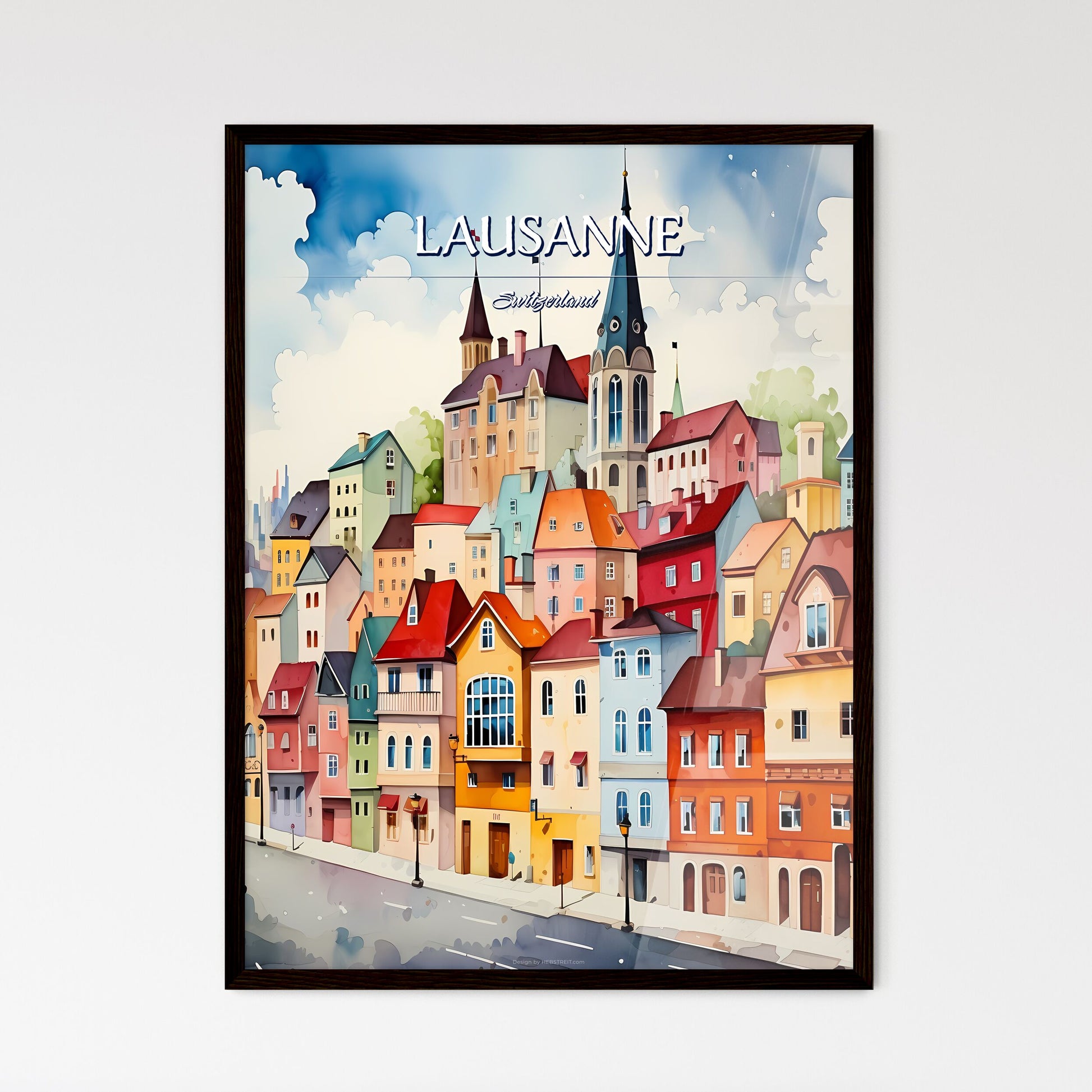Lausanne, Switzerland - Art print of a watercolor painting of a city Framed Art