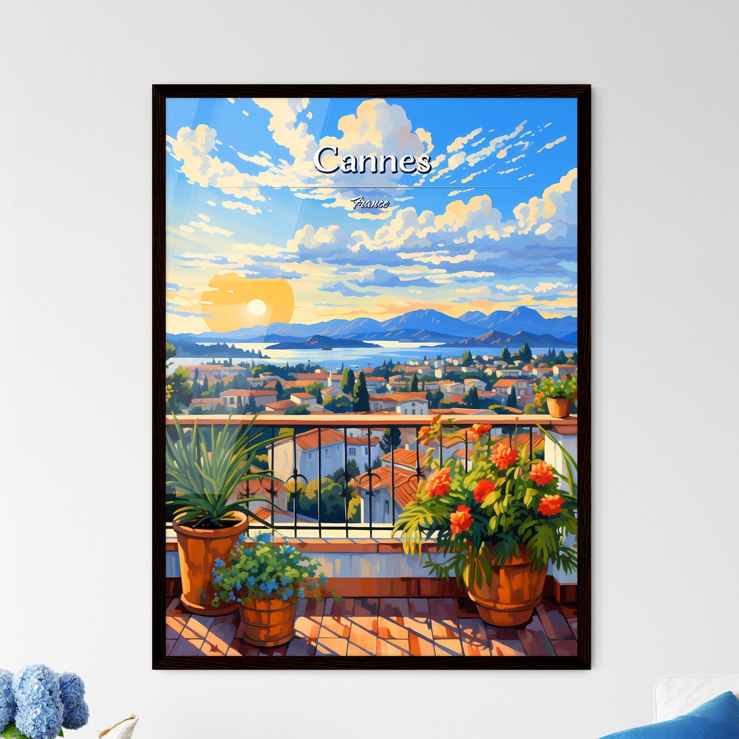 On the roofs of Cannes, France - Art print of a balcony with potted plants and a view of a city Framed Art