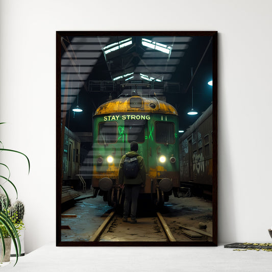 A new york train with the words spray painted STAY STRONG on it in eletric lime green, vintage poster design - Art print of a man standing in front of a train Default Title