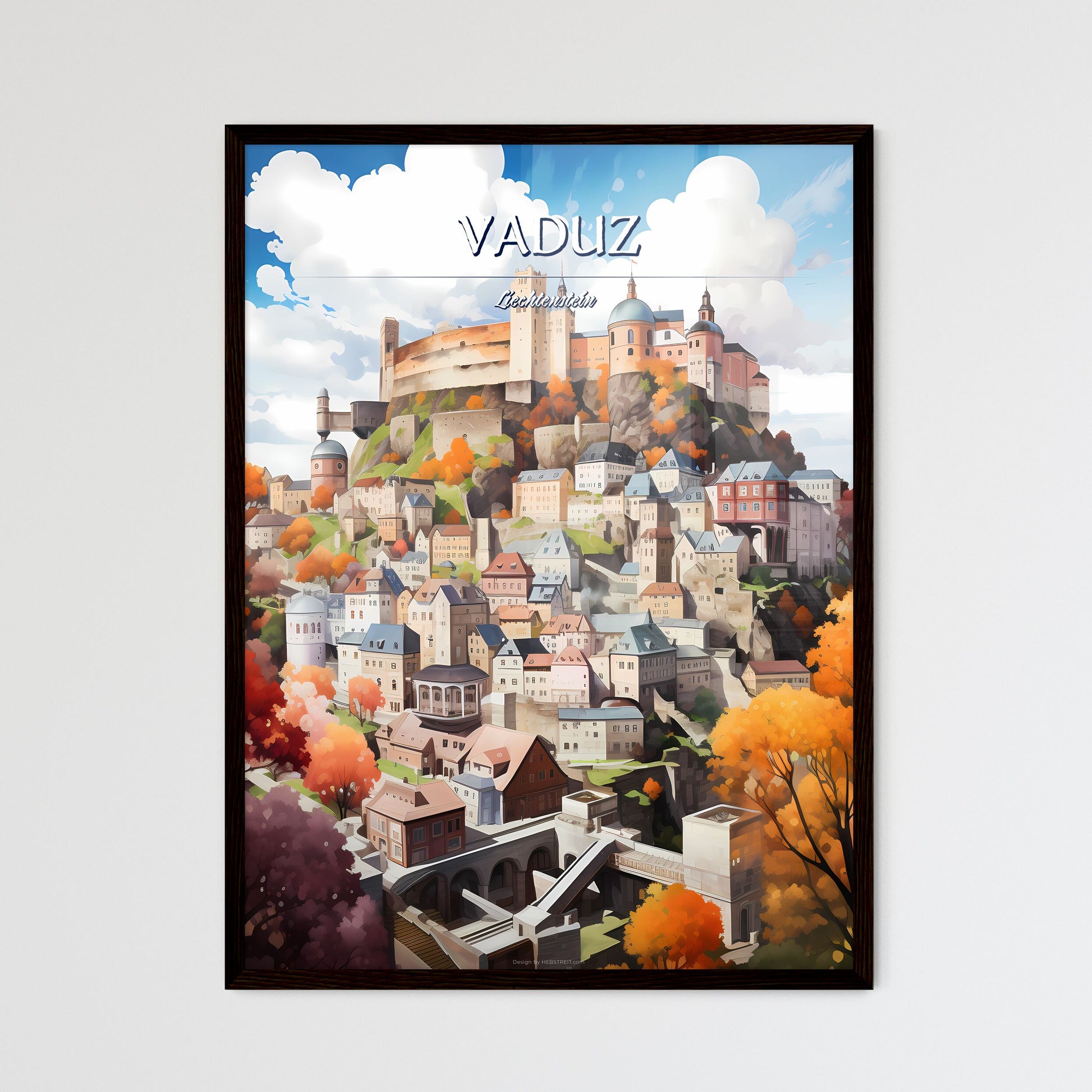 Vaduz, Liechtenstein - Art print of a castle on a hill with orange trees Framed Art