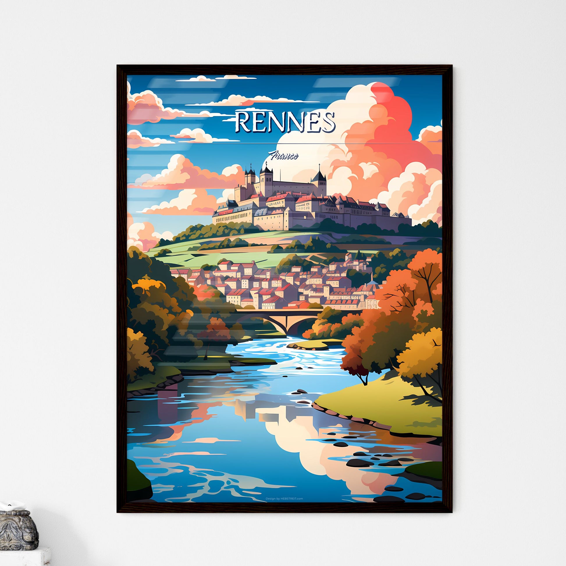Rennes, France - Art print of a river running through a town Framed Art