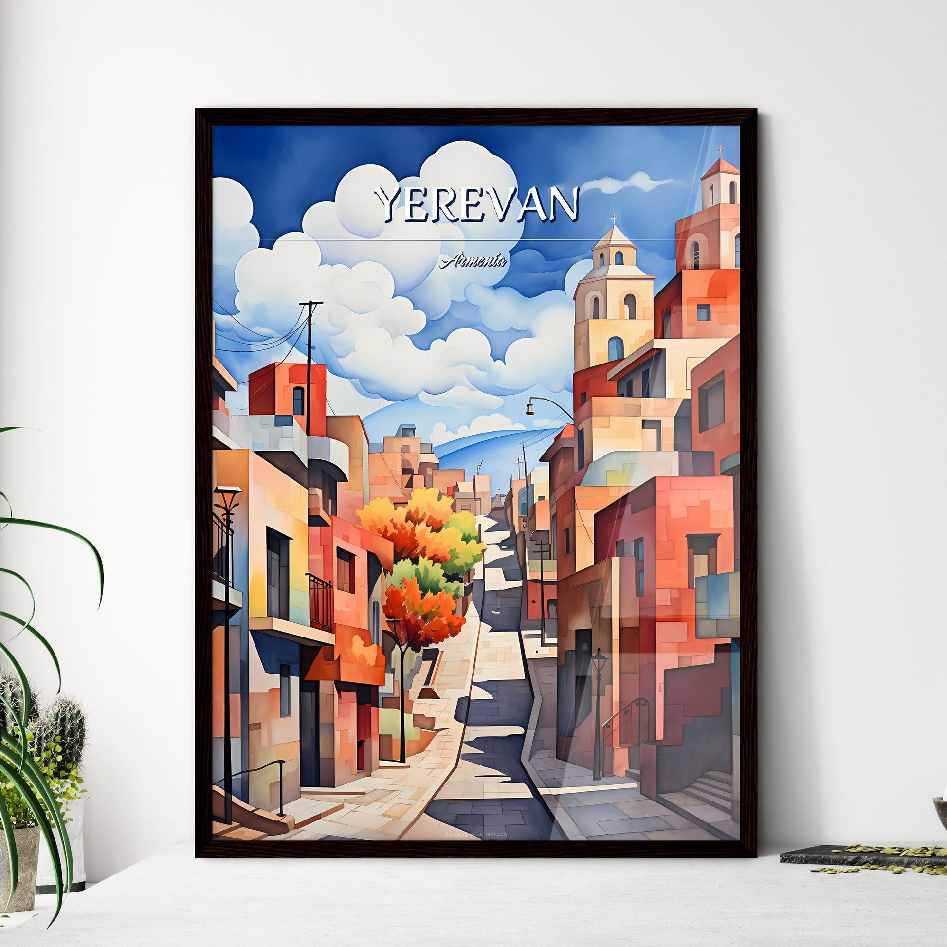 Yerevan, Armenia - Art print of a painting of a street with buildings and trees Framed Art