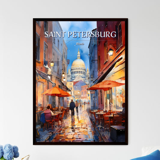 Saint Petersburg, Russia - Art print of a watercolor of a street with tables and umbrellas Framed Art