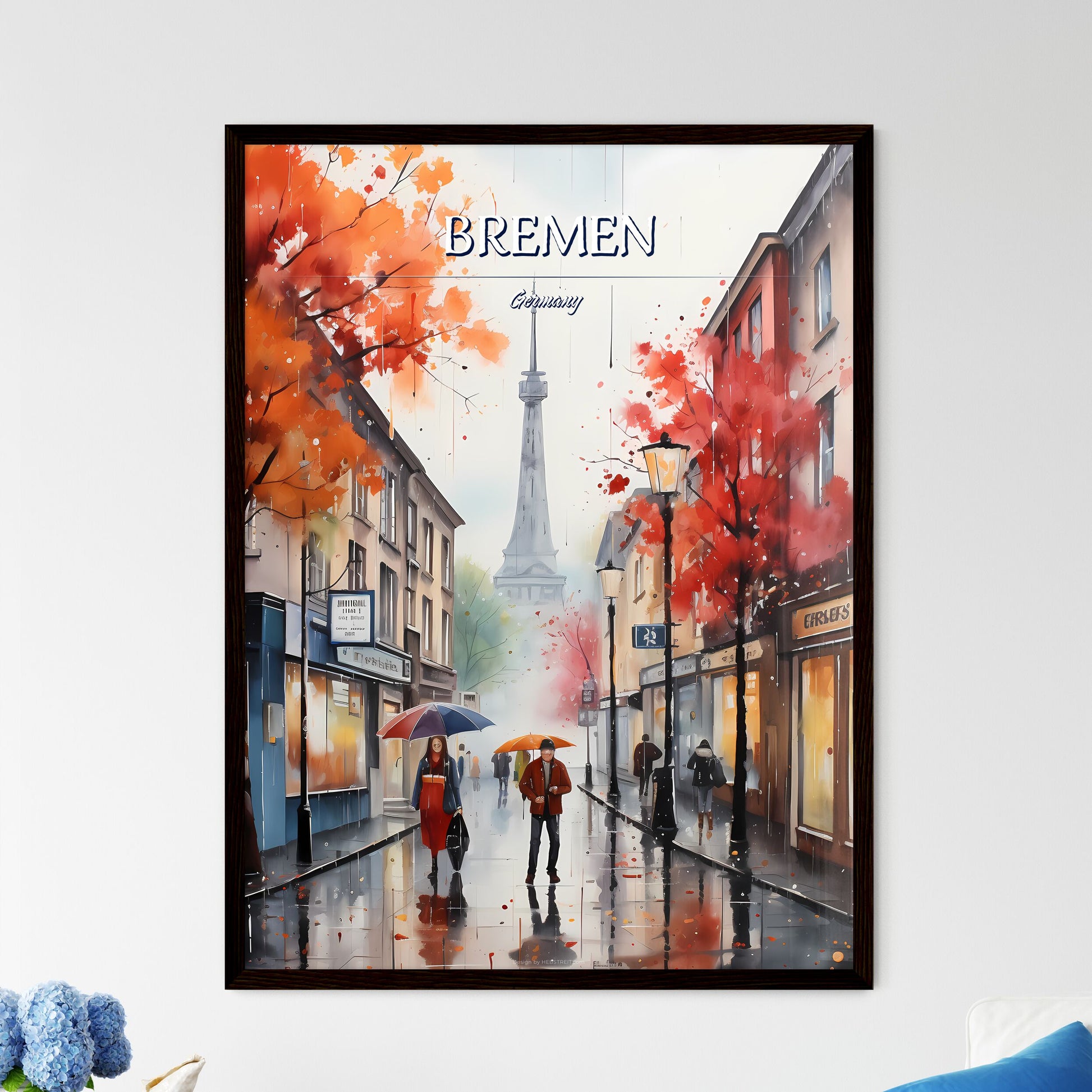Bremen, Germany - Art print of a painting of people walking on a wet street with umbrellas Framed Art
