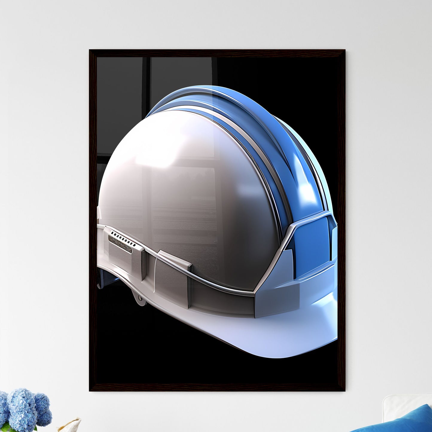 A white and blue construction hard hat - Art - Framed Art Print