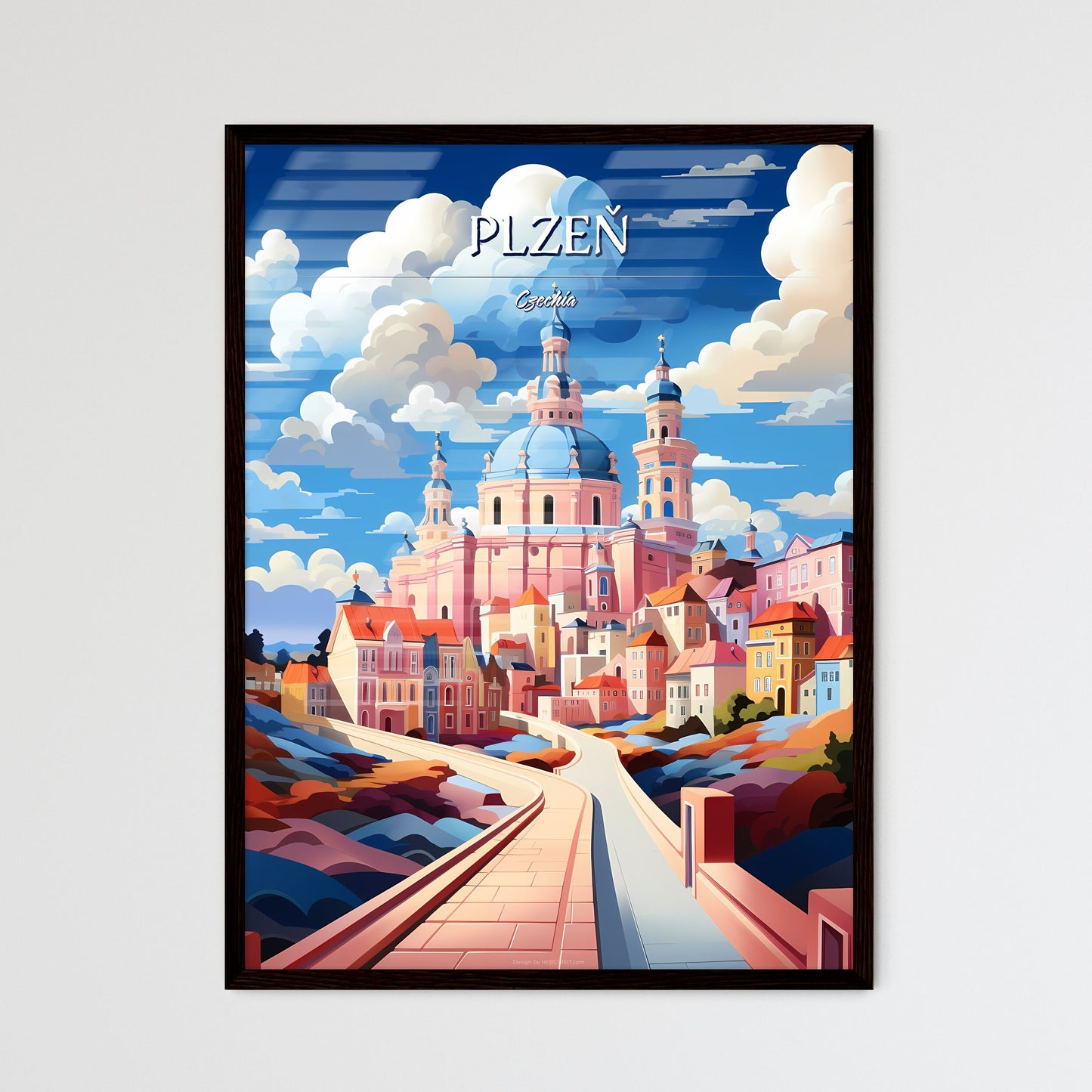 Plzeň, Czechia - Art print of a pink building with blue dome and a blue roof Framed Art