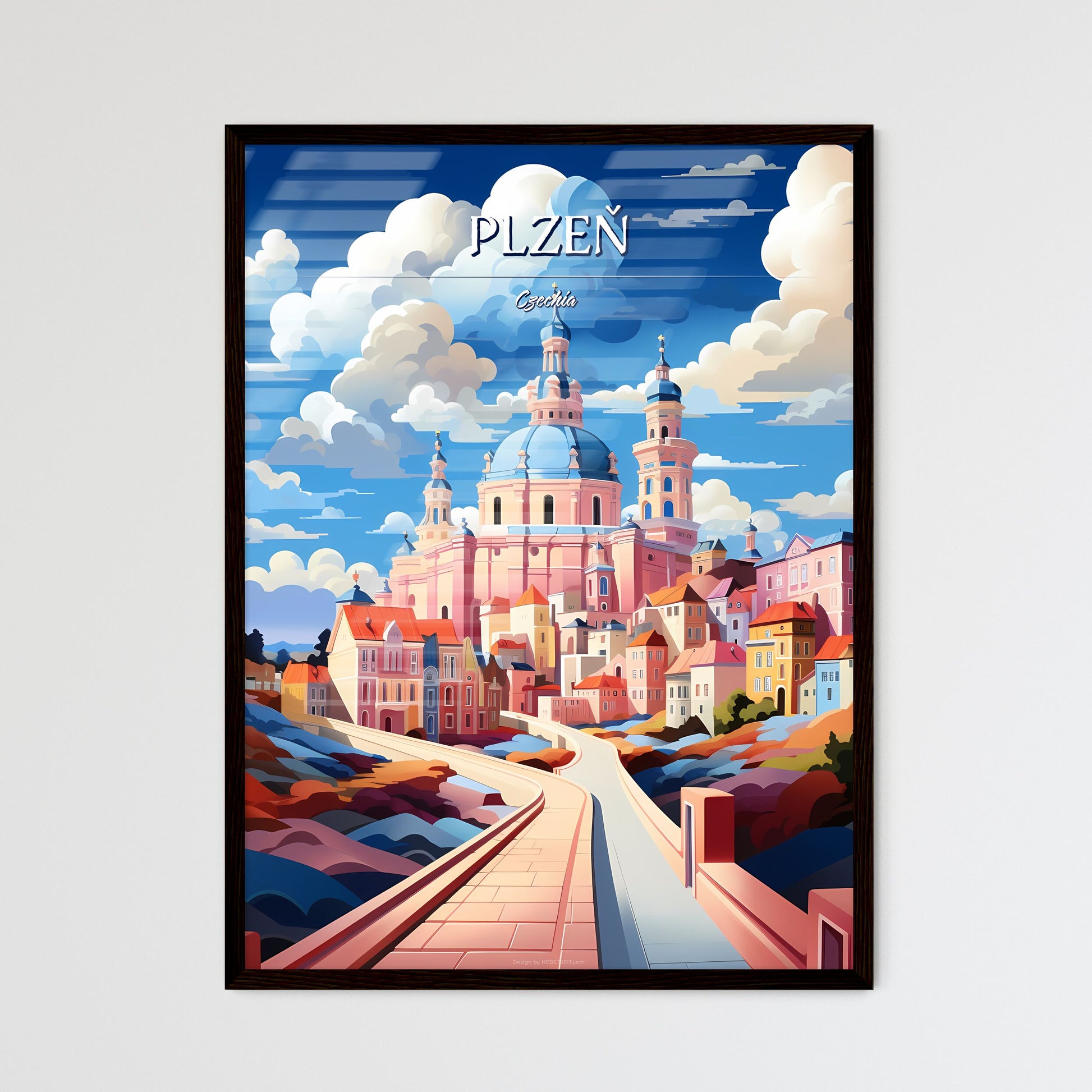 Plzeň, Czechia - Art print of a pink building with blue dome and a blue roof Framed Art