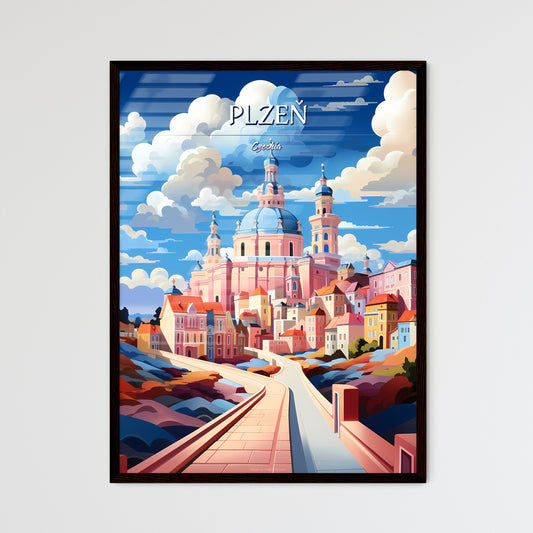 Plzeň, Czechia - Art print of a pink building with blue dome and a blue roof Framed Art