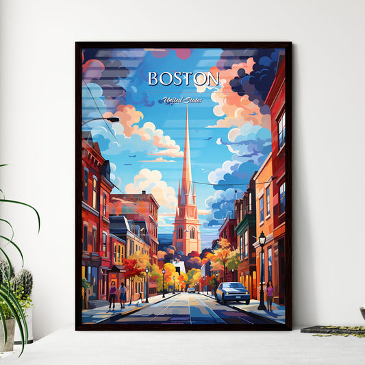 Boston - Art print of a street with a tall tower and cars Framed Art