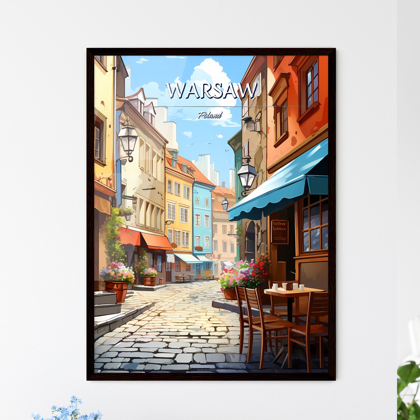 Warsaw, Poland - Art print of a street with tables and chairs and flowers Framed Art