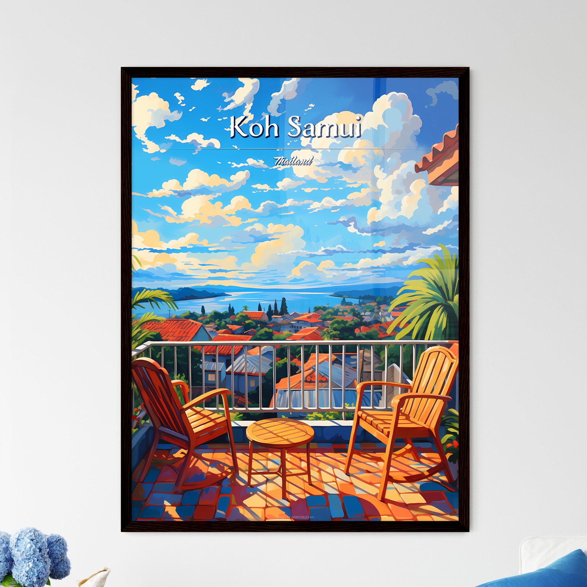 On the roofs of Koh Samui, Thailand - Art print of a balcony with chairs and table and a view of a city and water Framed Art