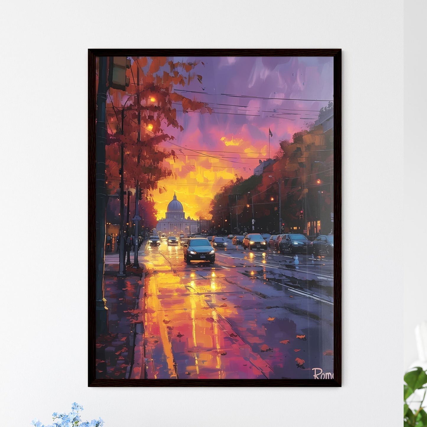 Poster of Rome - Art print of a street with cars and a dome in the background Framed Art