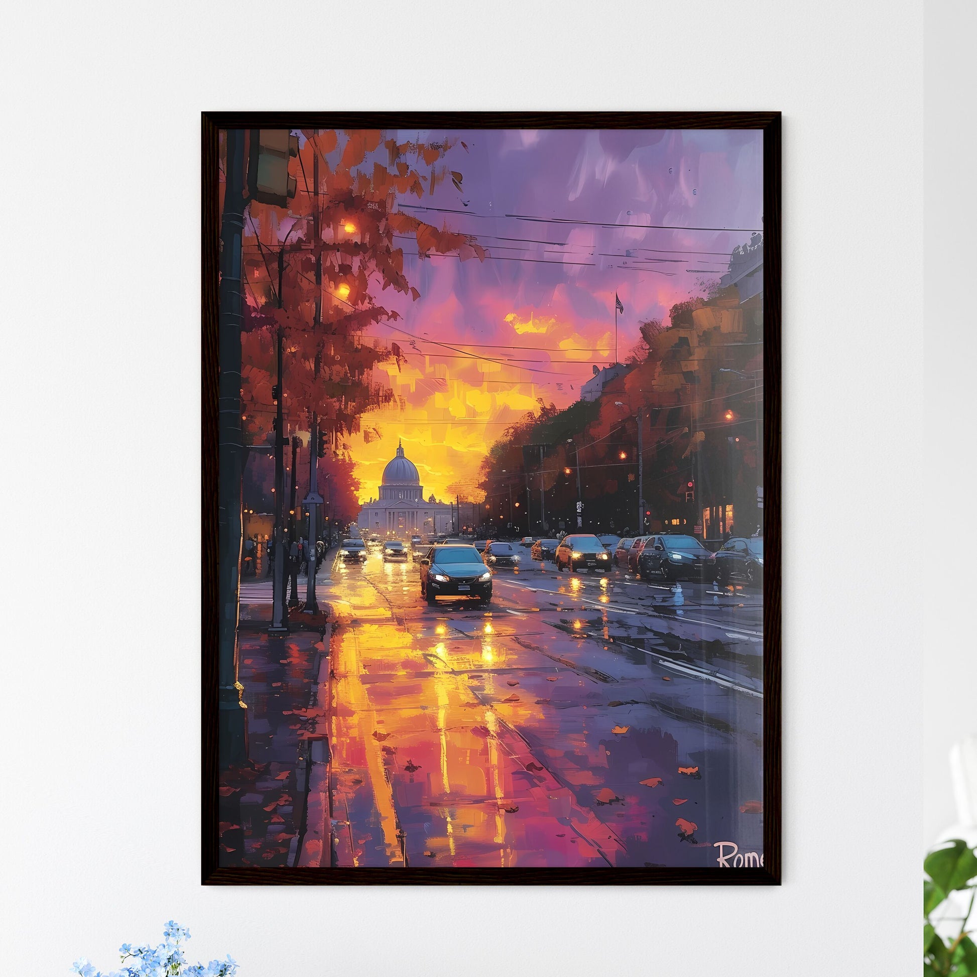 Poster of Rome - Art print of a street with cars and a dome in the background Framed Art