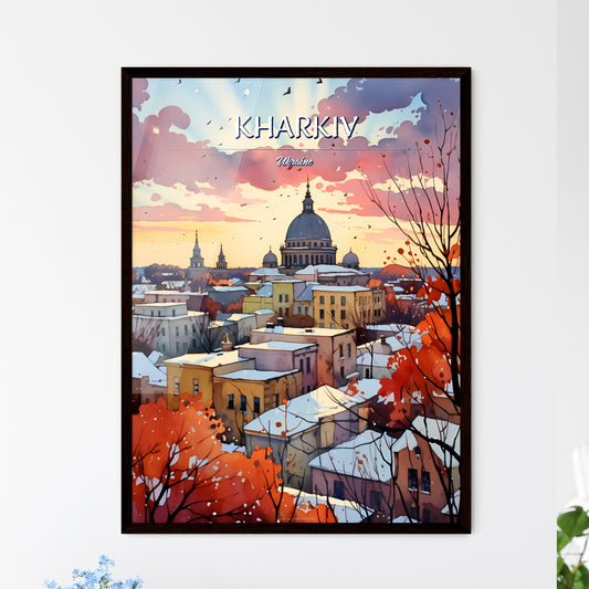 Kharkiv, Ukraine - Art print of a watercolor painting of a city with snow covered roofs Framed Art