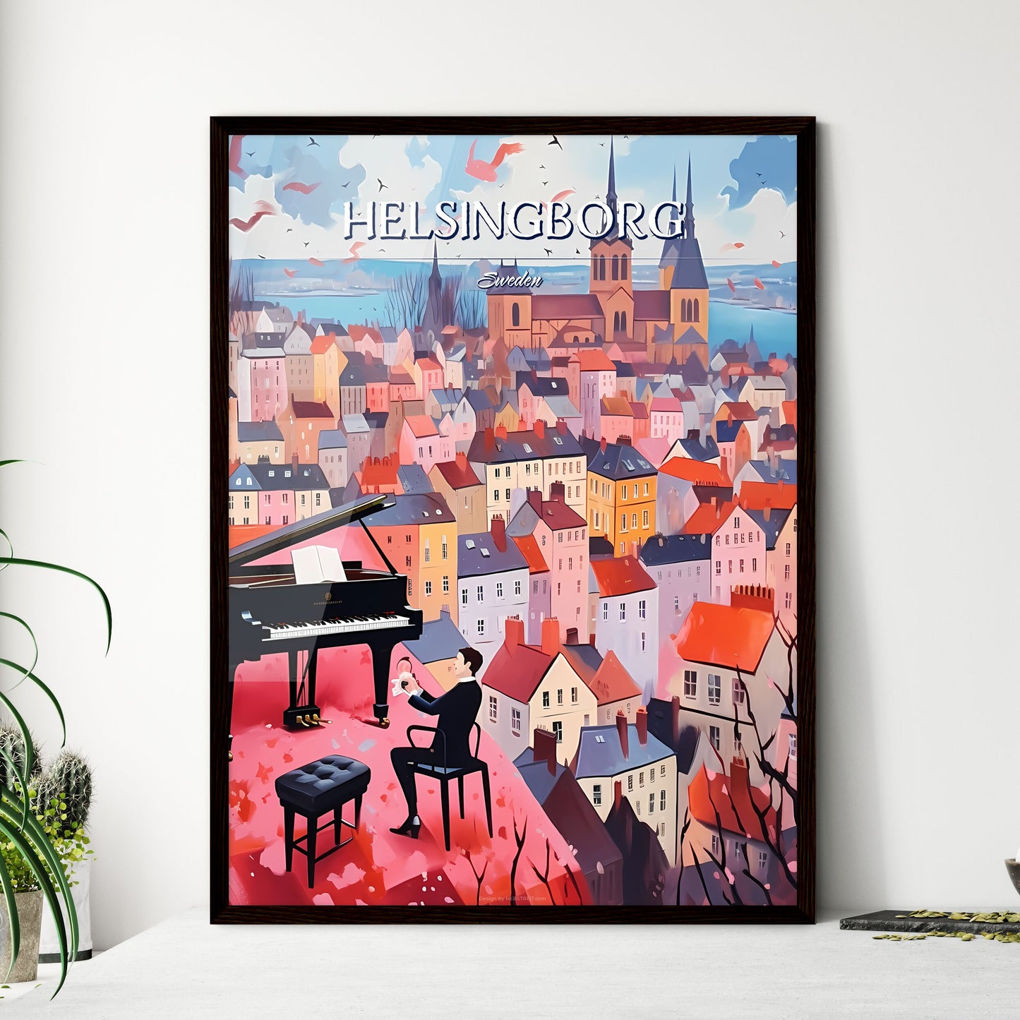 Helsingborg, Sweden, - Art print of a man playing a piano in a city Framed Art