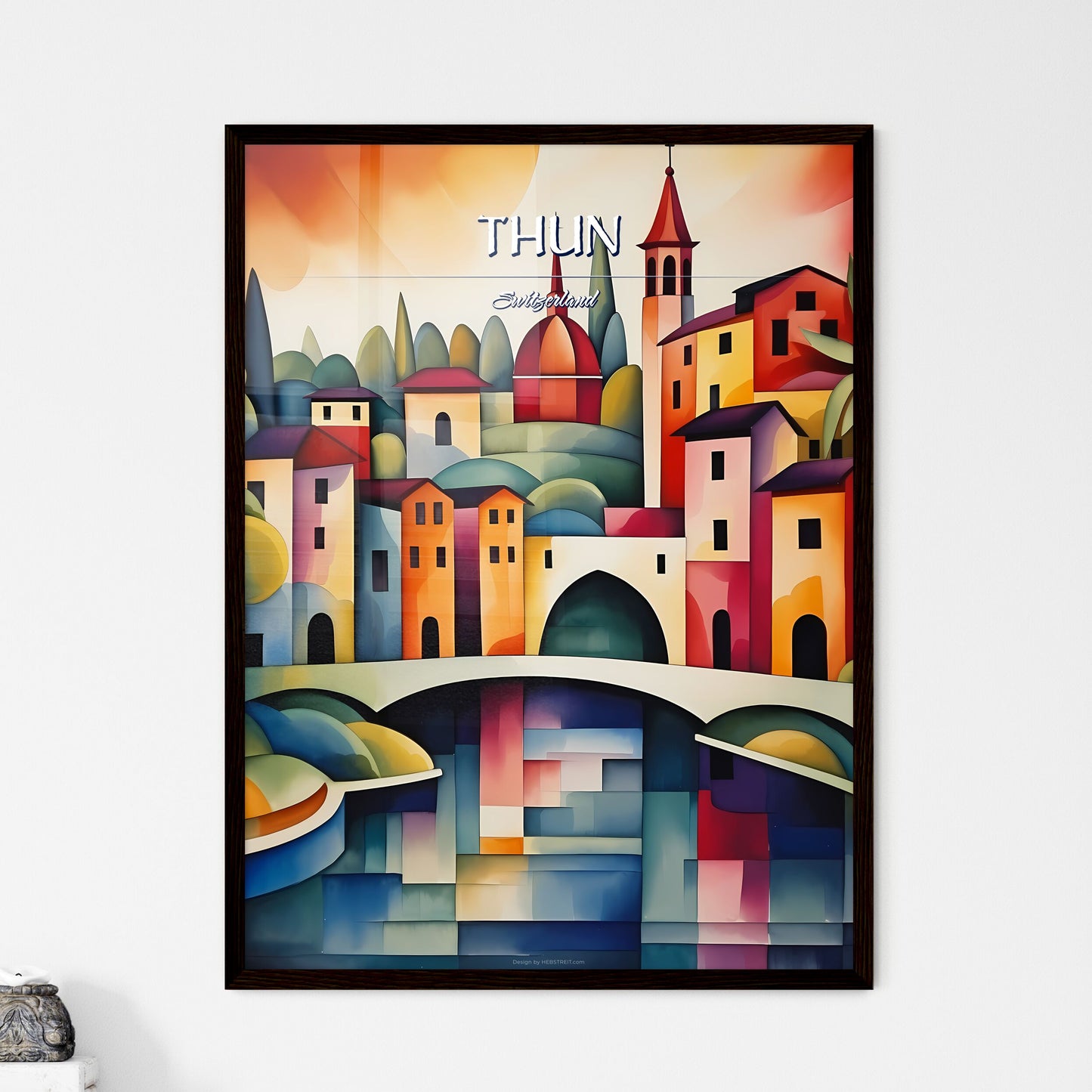 Thun, Switzerland - Art print of a painting of a colorful city Framed Art