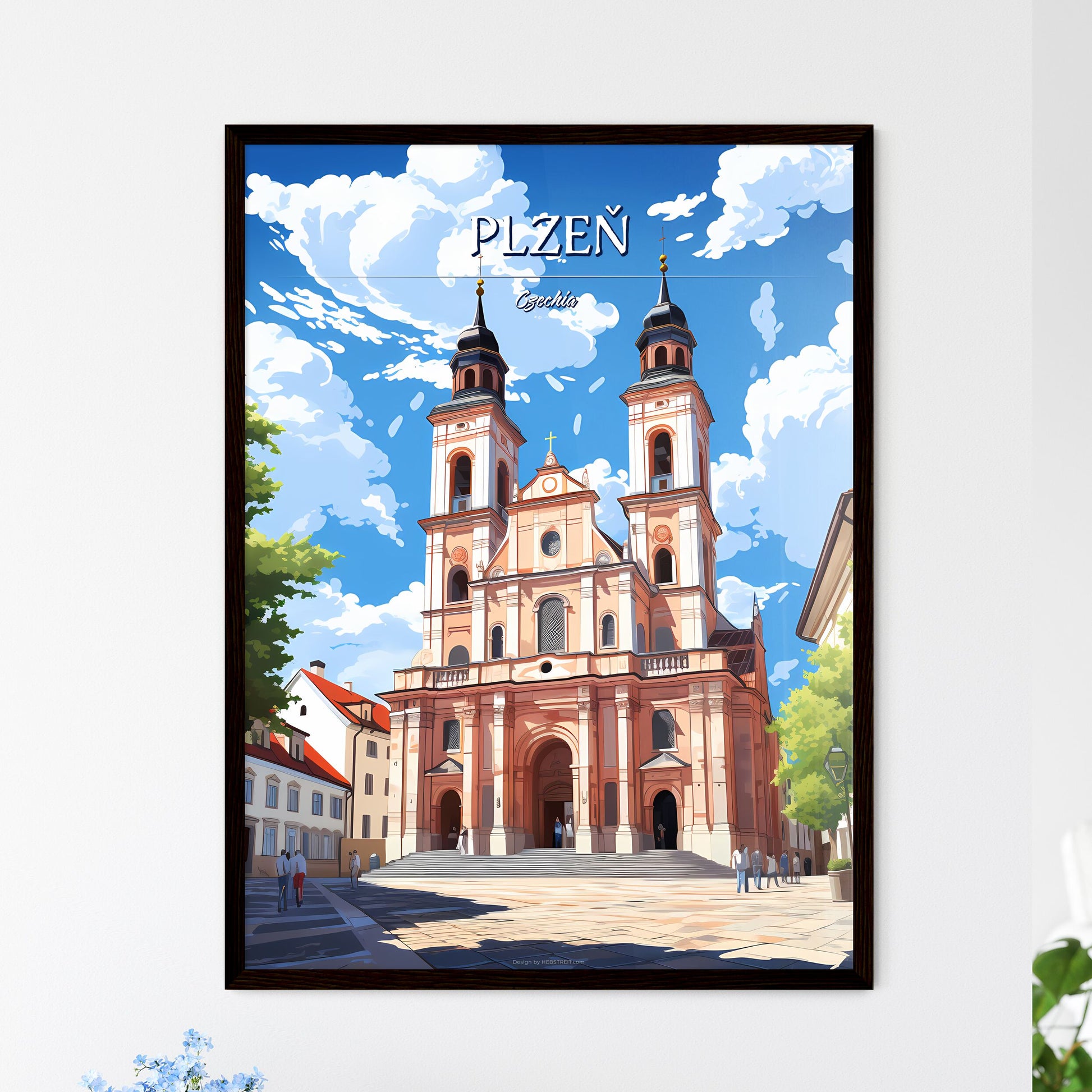Plzeň, Czechia - Art print of a building with towers and a group of people walking in front of it Framed Art