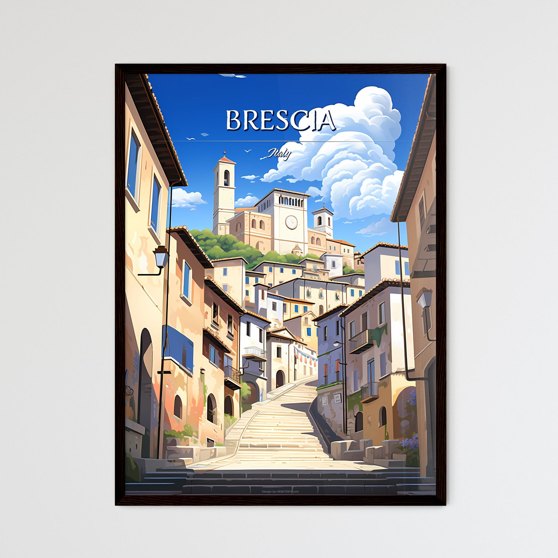 Brescia, Italy - Art print of a street with stairs leading to a town Framed Art