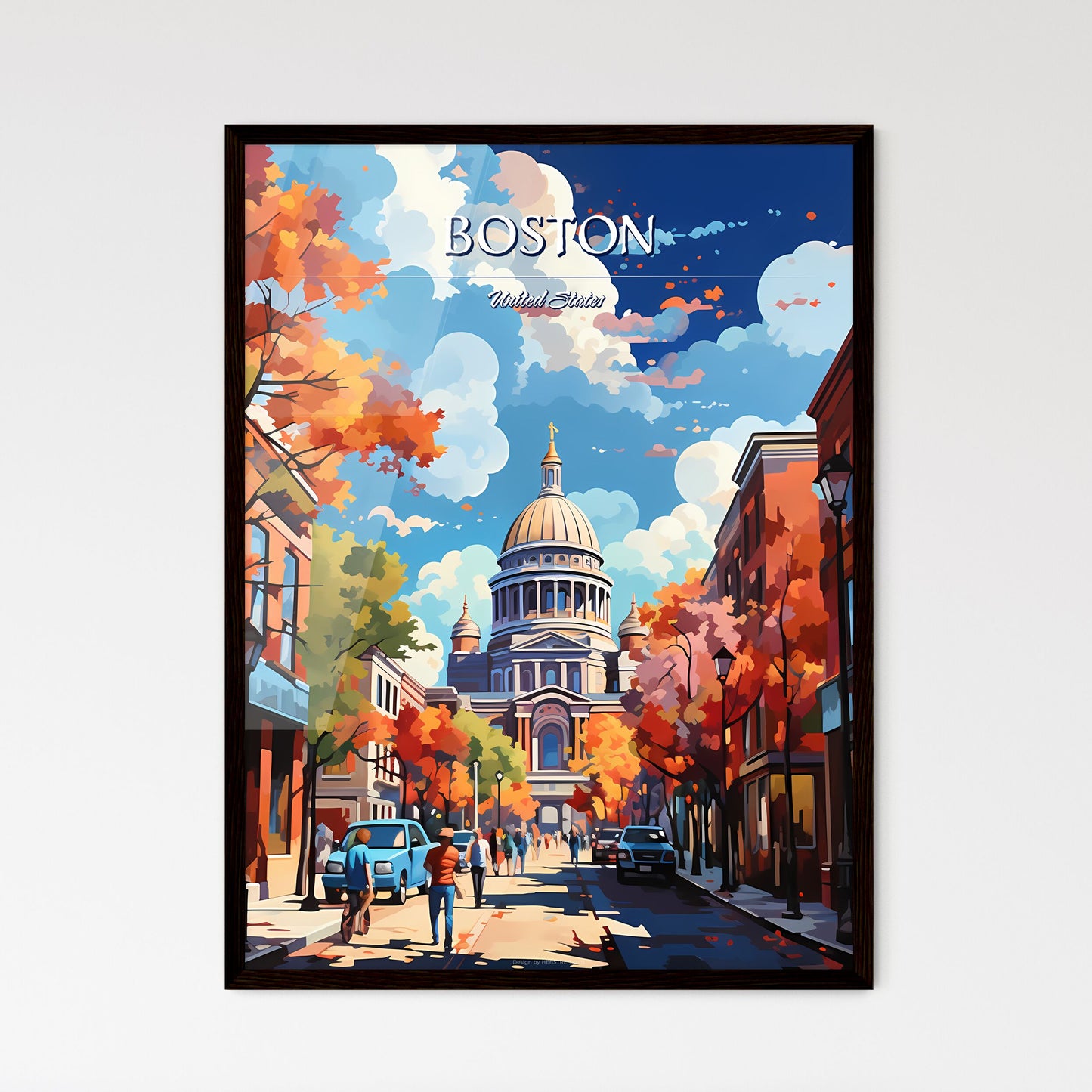 Boston - Art print of a street with cars and a building with a dome Framed Art