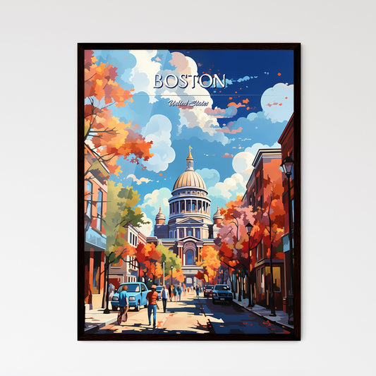 Boston - Art print of a street with cars and a building with a dome Framed Art