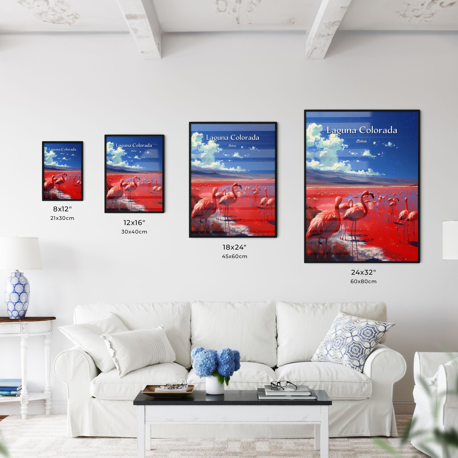 Laguna Colorada, Bolivia - Art print of a group of flamingos in a red lake Default Title