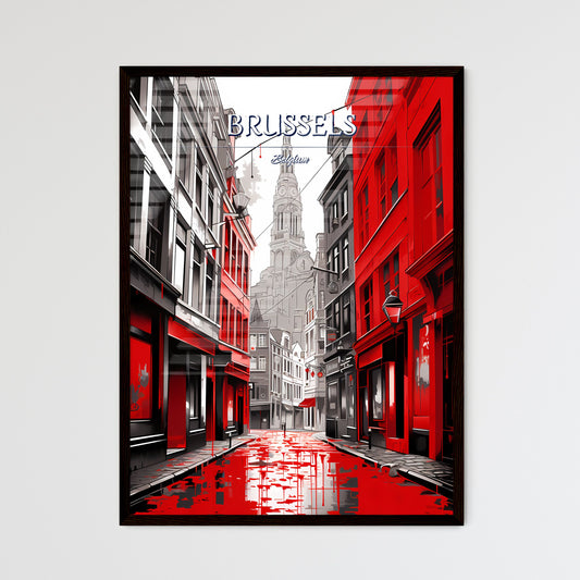 Brussels, Belgium - Art print of a street with red buildings and a tall tower Framed Art