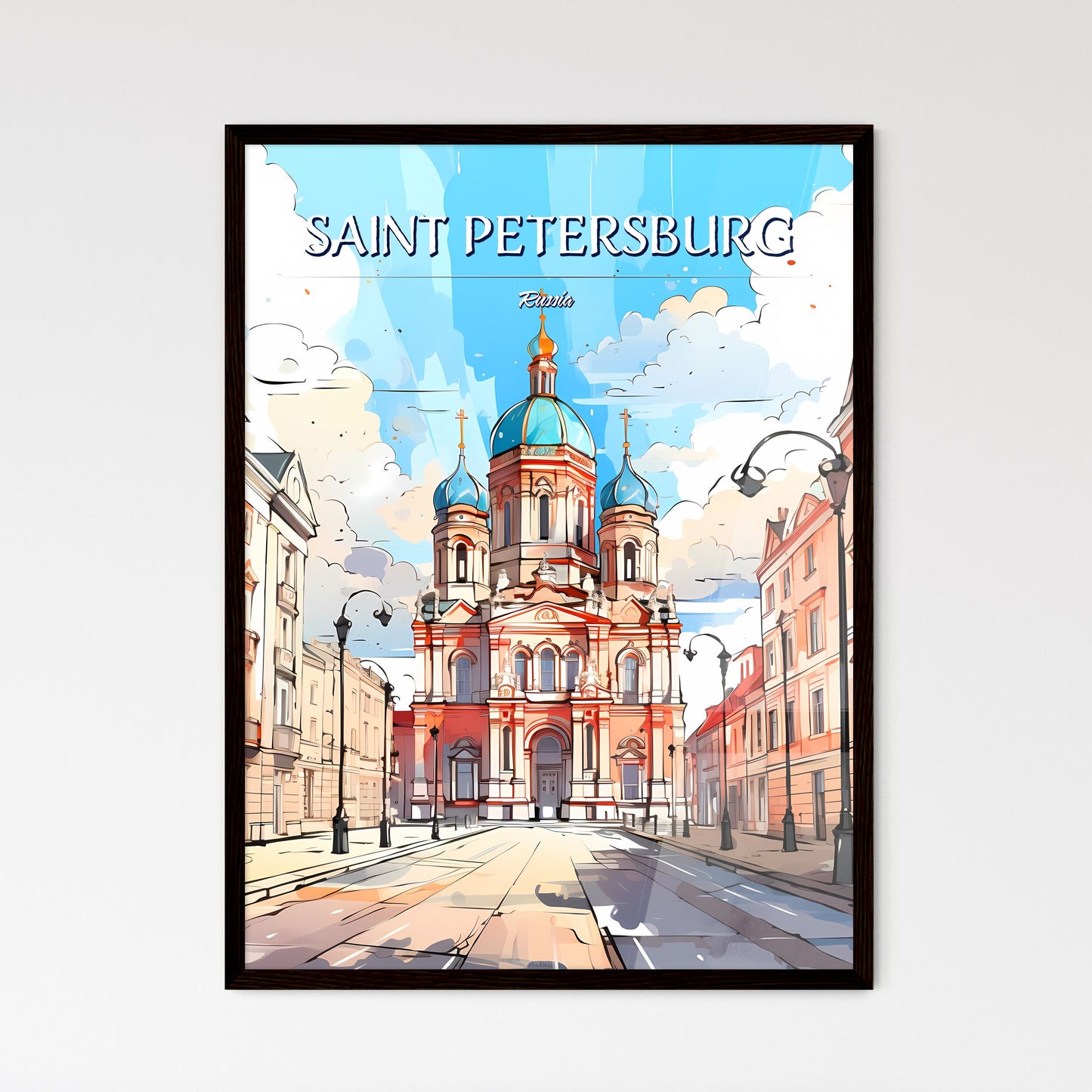 Saint Petersburg, Russia - Art print of a street with buildings and a building with blue domes Framed Art