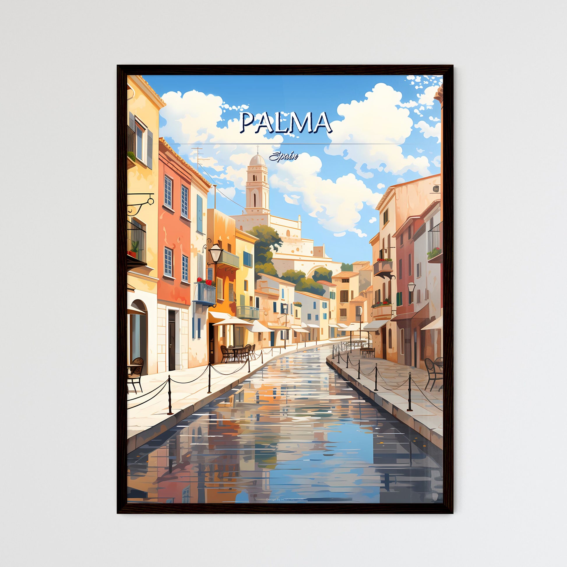 Palma, Spain - Art print of a water canal with tables and chairs in a city Framed Art