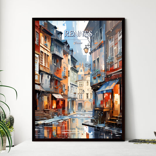 Rennes, France - Art print of a street with buildings and a puddle of water Framed Art