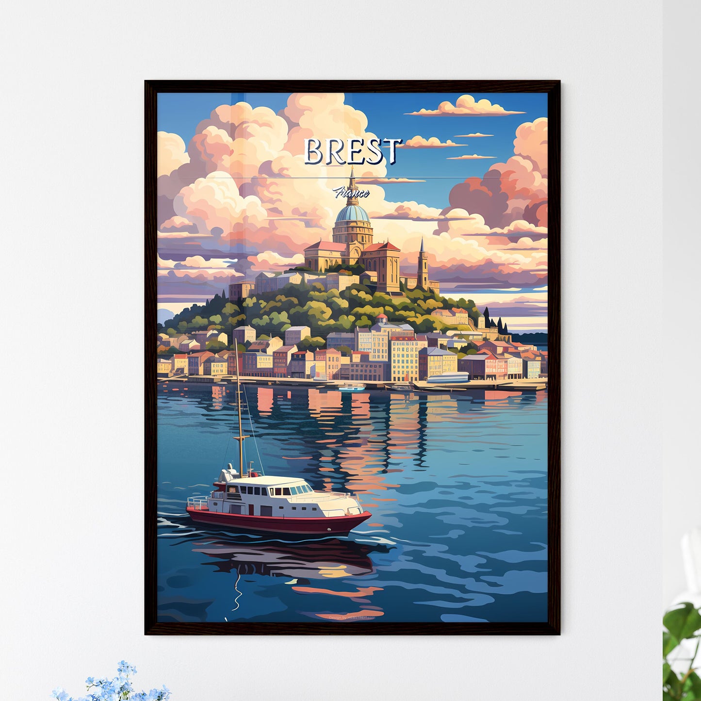 Brest, France - Art print of a boat on a body of water with a city on a hill Framed Art